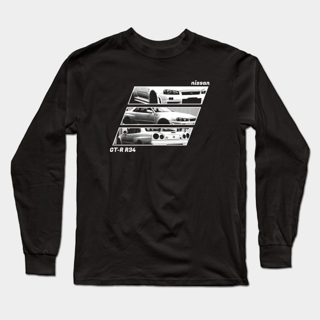 NISSAN SKYLINE GT-R R34 Black 'N White Archive 2 (Black Version) Long Sleeve T-Shirt by Cero